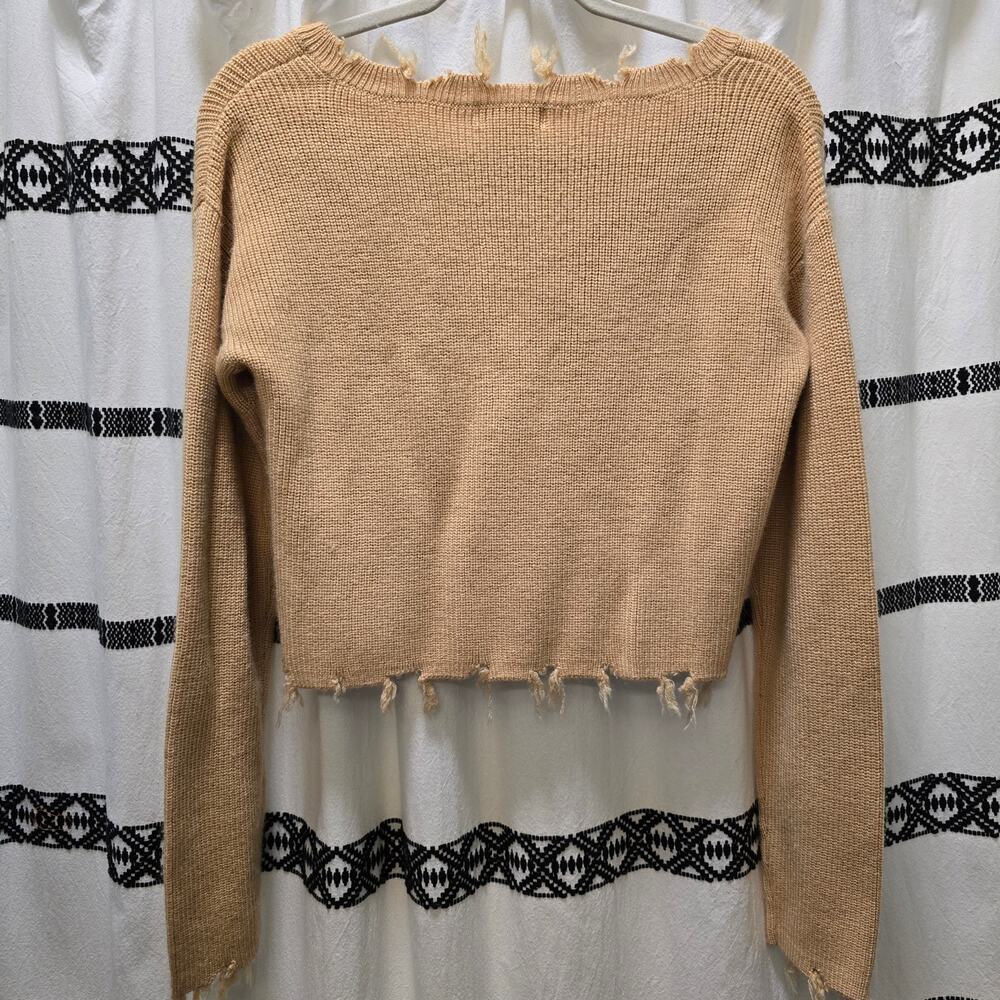 Lovers and Friends camel brown cropped distressed knit sweater V-neck small - Picture 9 of 11